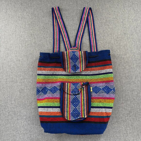 New Handwoven Mexican Style Backpack Multicolor Striped Small Pocket in‎ front - Picture 1 of 13